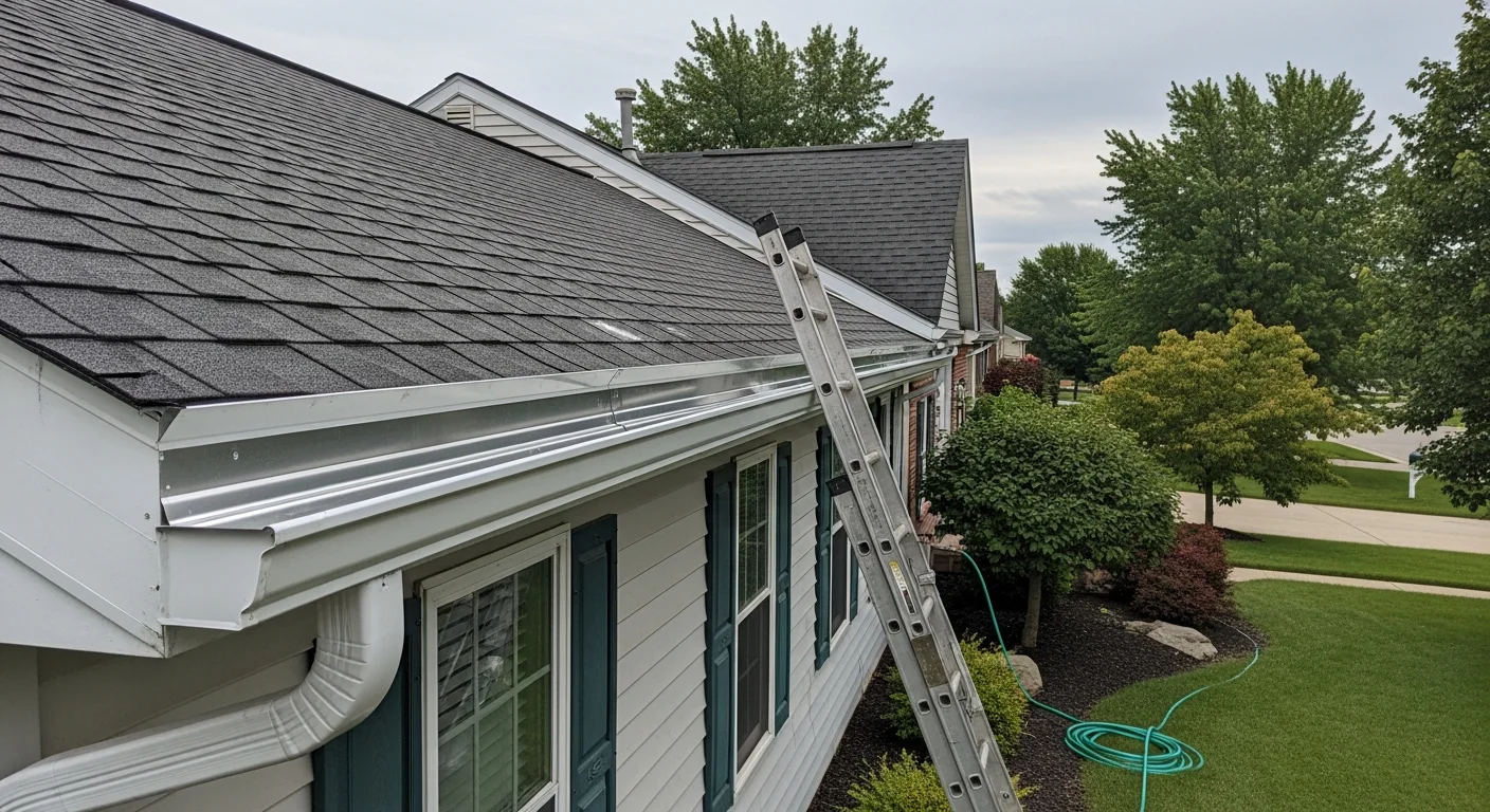 New gutters installed along roofline of residential home
