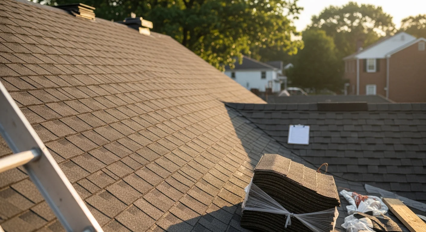 Professional roofer installing shingles on residential home
