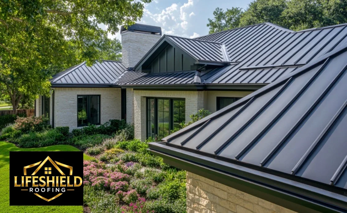 Standing seam metal roof with vertical panels on modern brick home with multiple roof planes