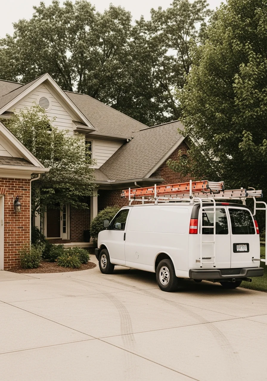 Pickerington homeowner standing in front of their residence with a professional service vehicle in the driveway.