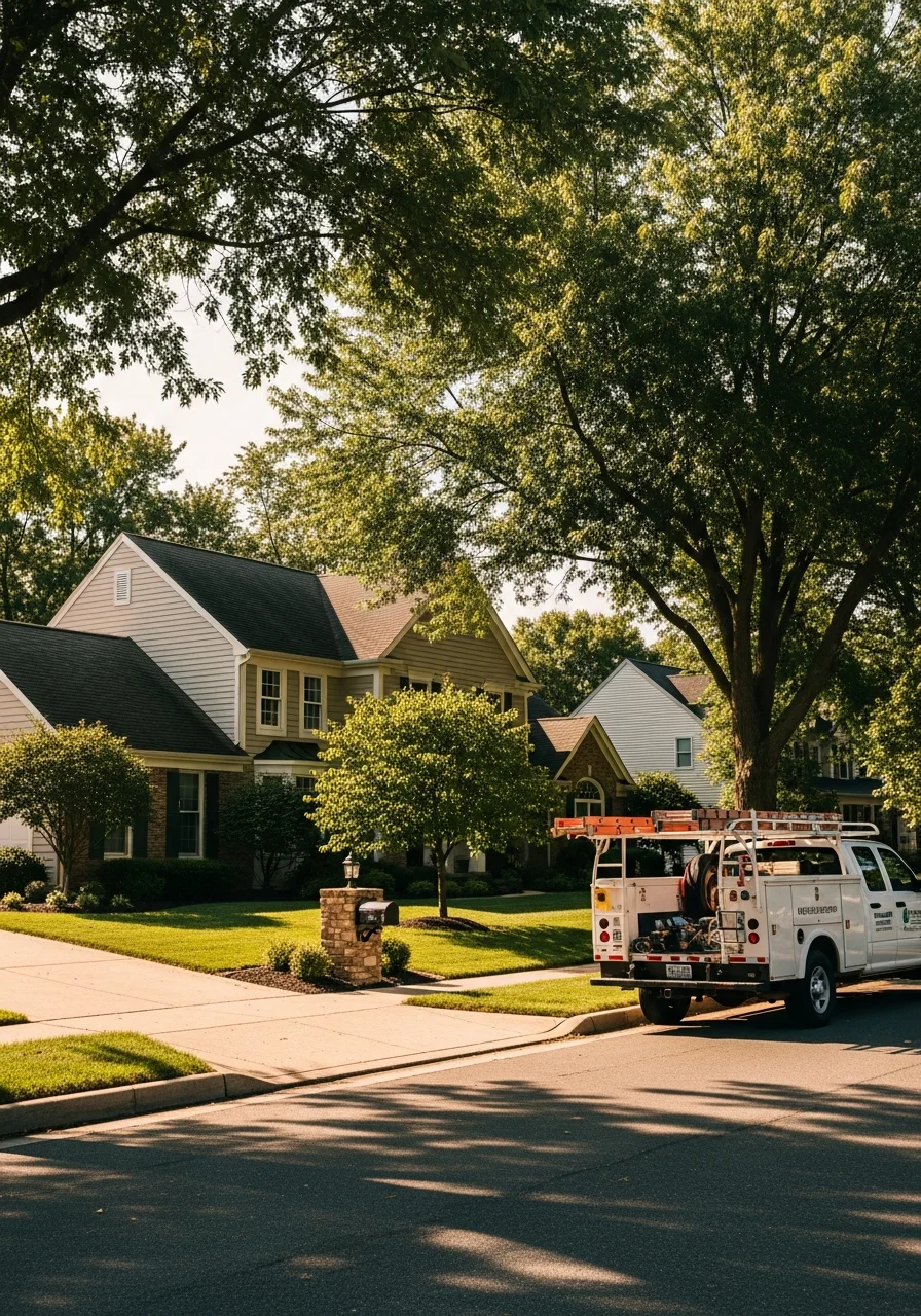 Worthington homeowner standing in front of their property with mature landscaping and a service vehicle nearby.