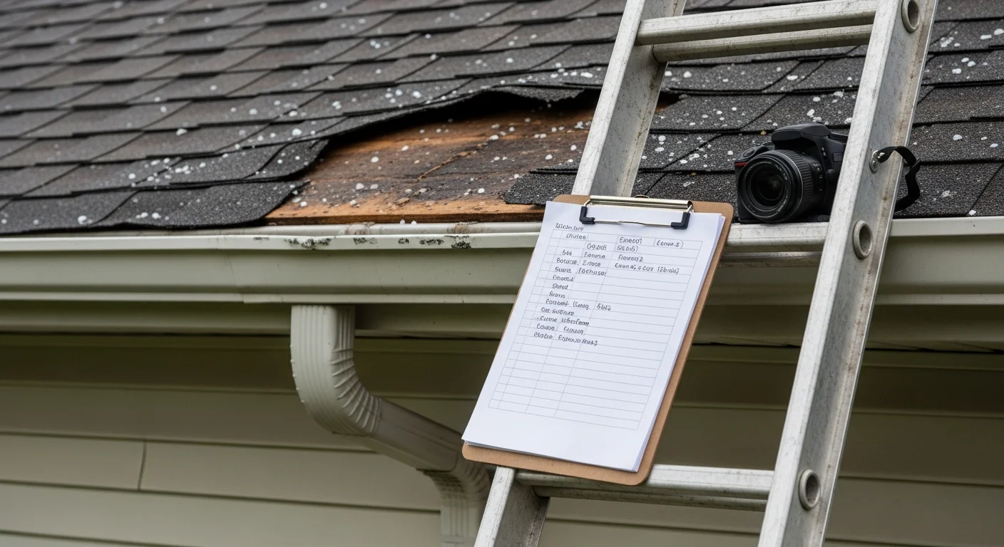 A Pickerington, Ohio home exterior showing hail and wind damage to the roof and siding, with a damage documentation professional photographing affected areas for an insurance claim report.