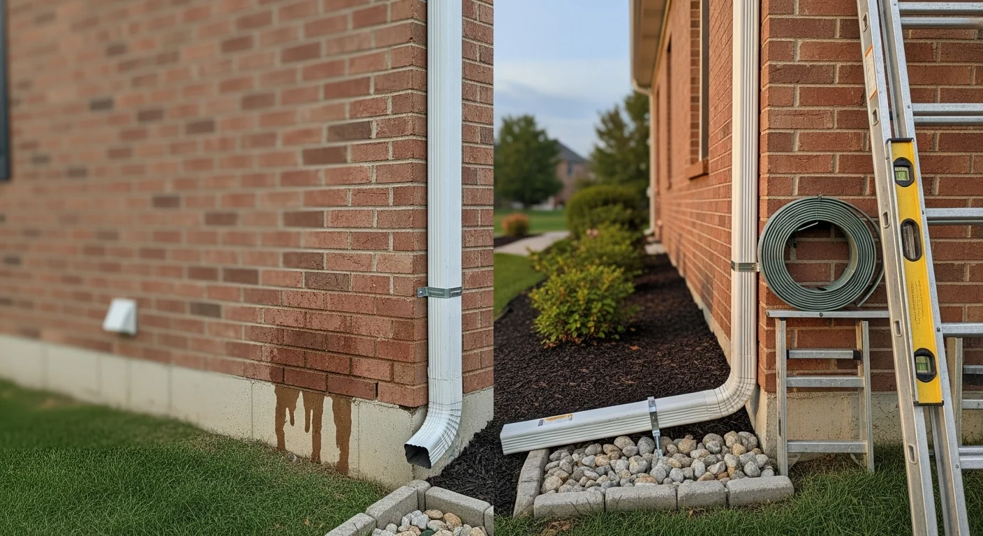 A newly installed downspout on a single-family home in Pickerington, Ohio, directing roof runoff away from the foundation along a residential driveway. The downspout extends to ground level with a discharge elbow angled toward the yard.