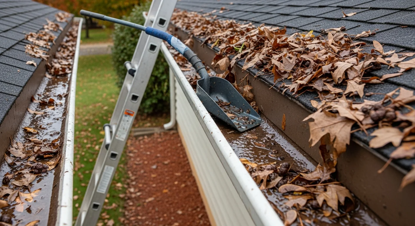 A gutter on a single-family home in Pickerington, Ohio packed with wet leaves and debris being cleared by a technician on a ladder. The cleaned gutter section shows open, unobstructed flow toward a downspout.