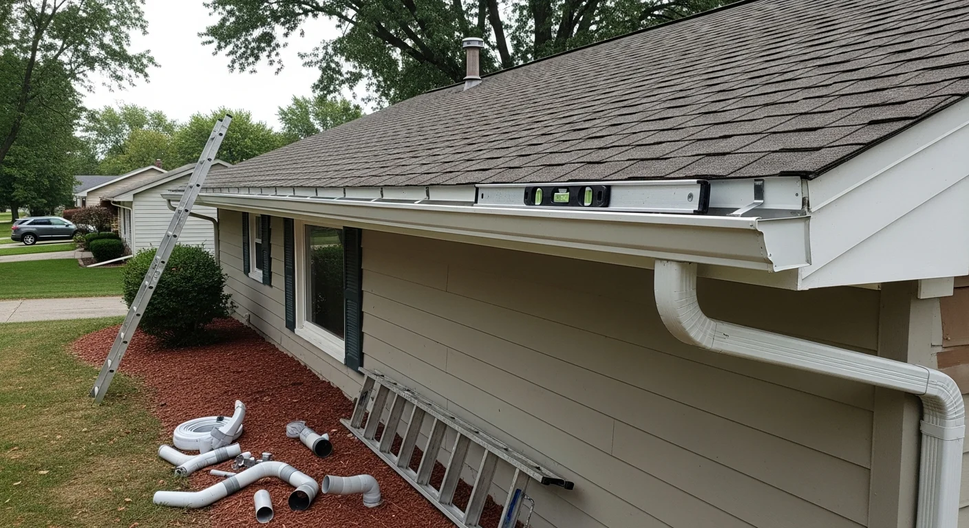 A newly installed gutter system running along the roofline of a single-family home in Pickerington, Ohio. Downspouts extend to ground level, directing water away from the home's foundation on a clear day.