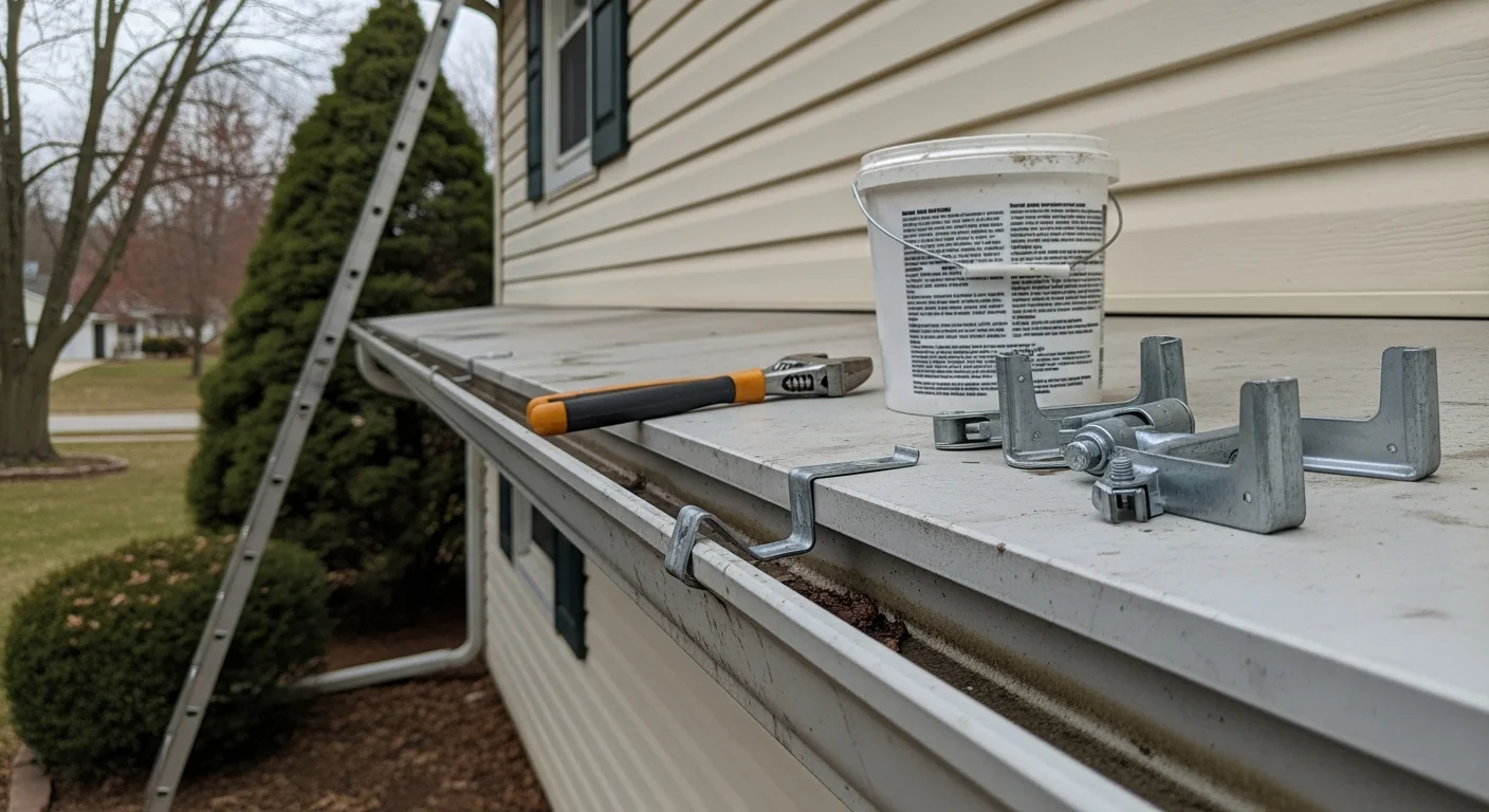 A repaired gutter section on a single-family home in Pickerington, Ohio, with a properly sealed joint and realigned pitch directing water into a downspout. The home's fascia board and siding are visible and free of water staining.