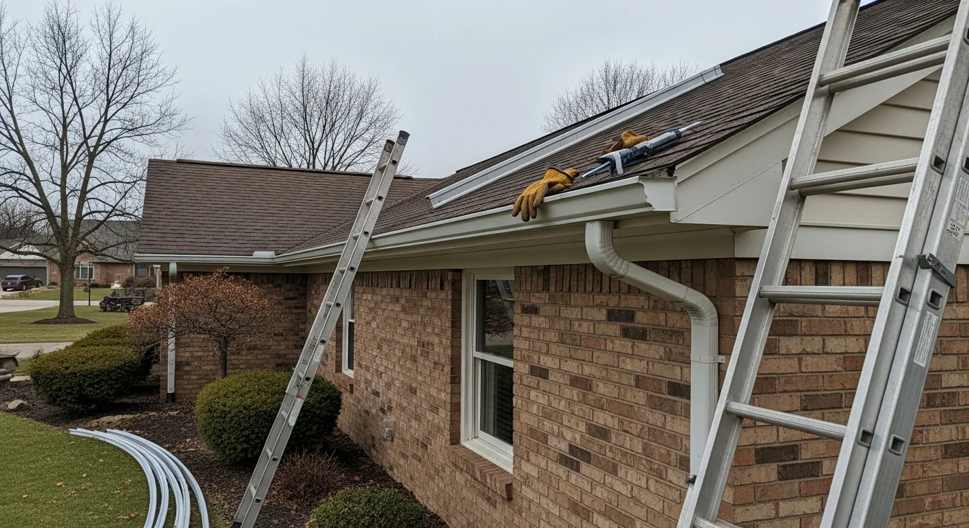 A Pickerington, Ohio home with newly installed gutters running along the roofline, showing clean downspout placement and proper pitch away from the foundation. The surrounding yard reflects a typical Central Ohio residential property with mature trees nearby.