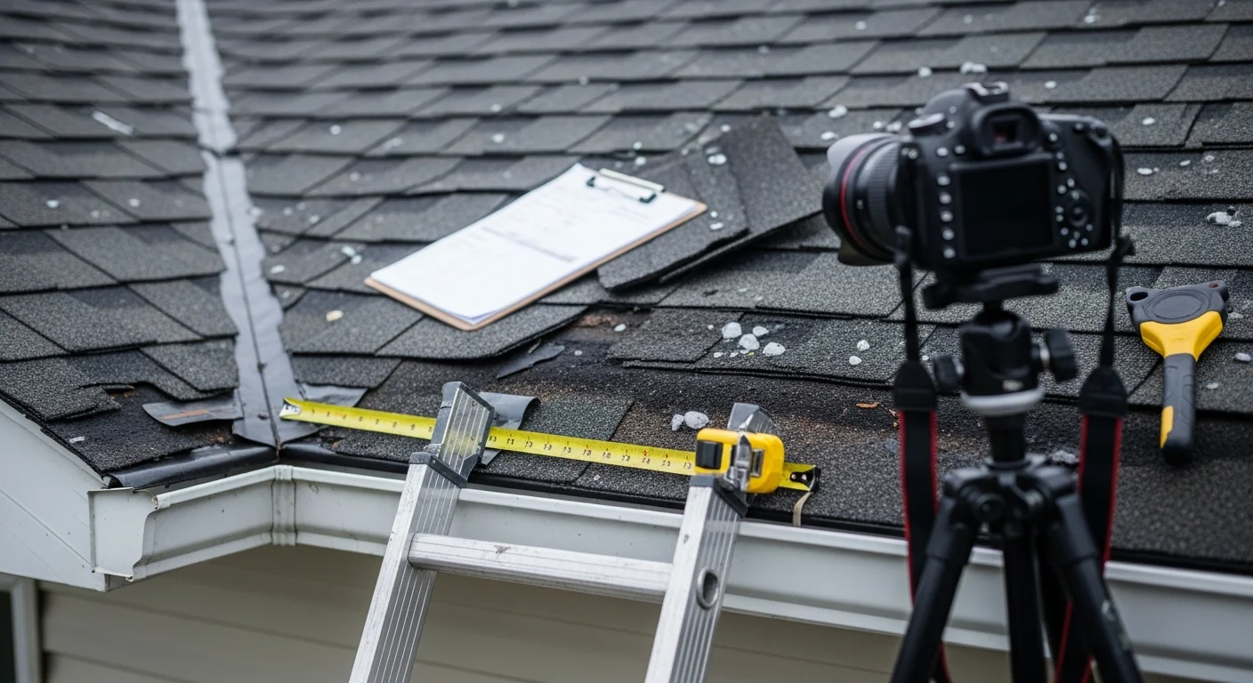 An Aburto inspector documenting hail and wind damage on the roof of a residential home in Pickerington, Ohio. Close-up view of bruised shingles and lifted flashing with a clipboard and camera in use.