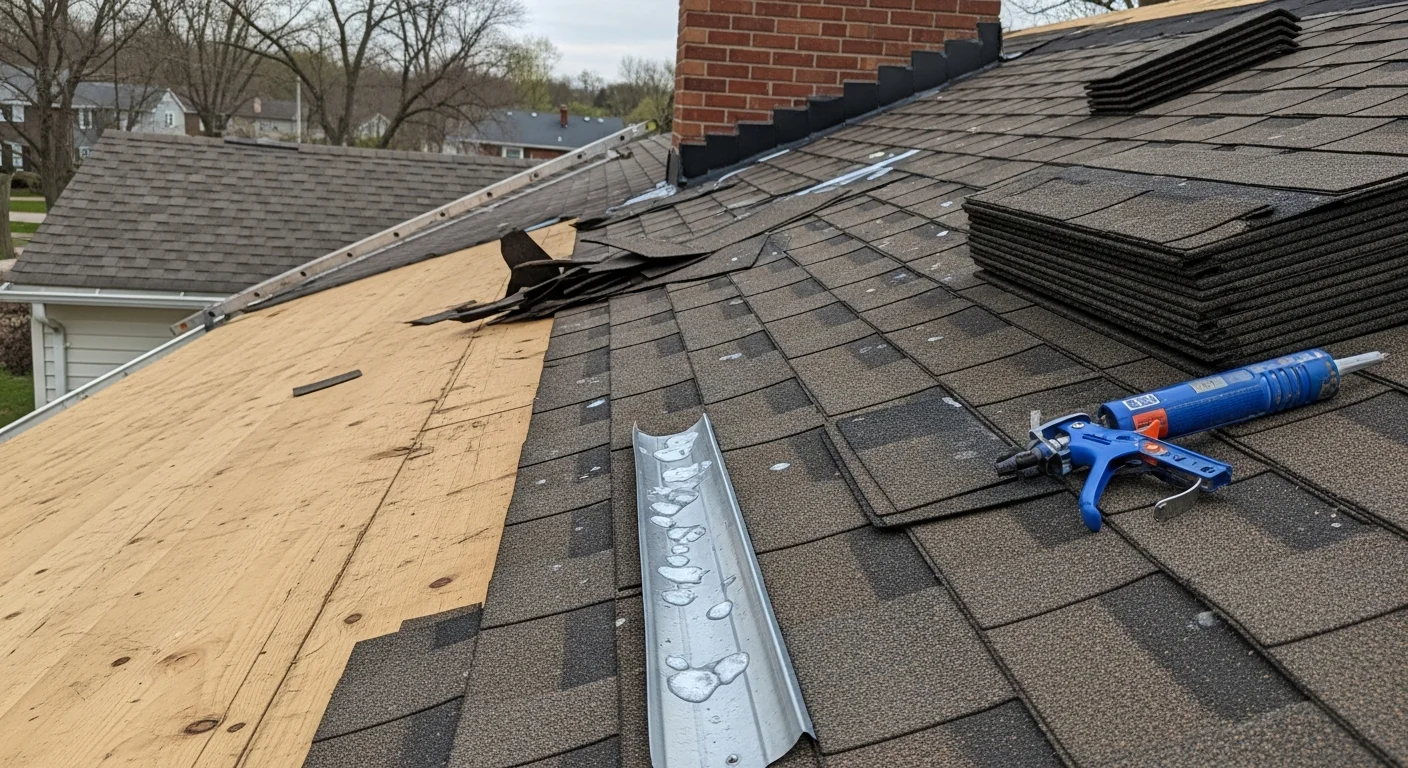 A roofing contractor repairing damaged shingles and flashing on a two-story residential home in Pickerington, Ohio after storm damage. Close-up view shows replaced shingles along a roof valley with a suburban neighborhood visible in the background.