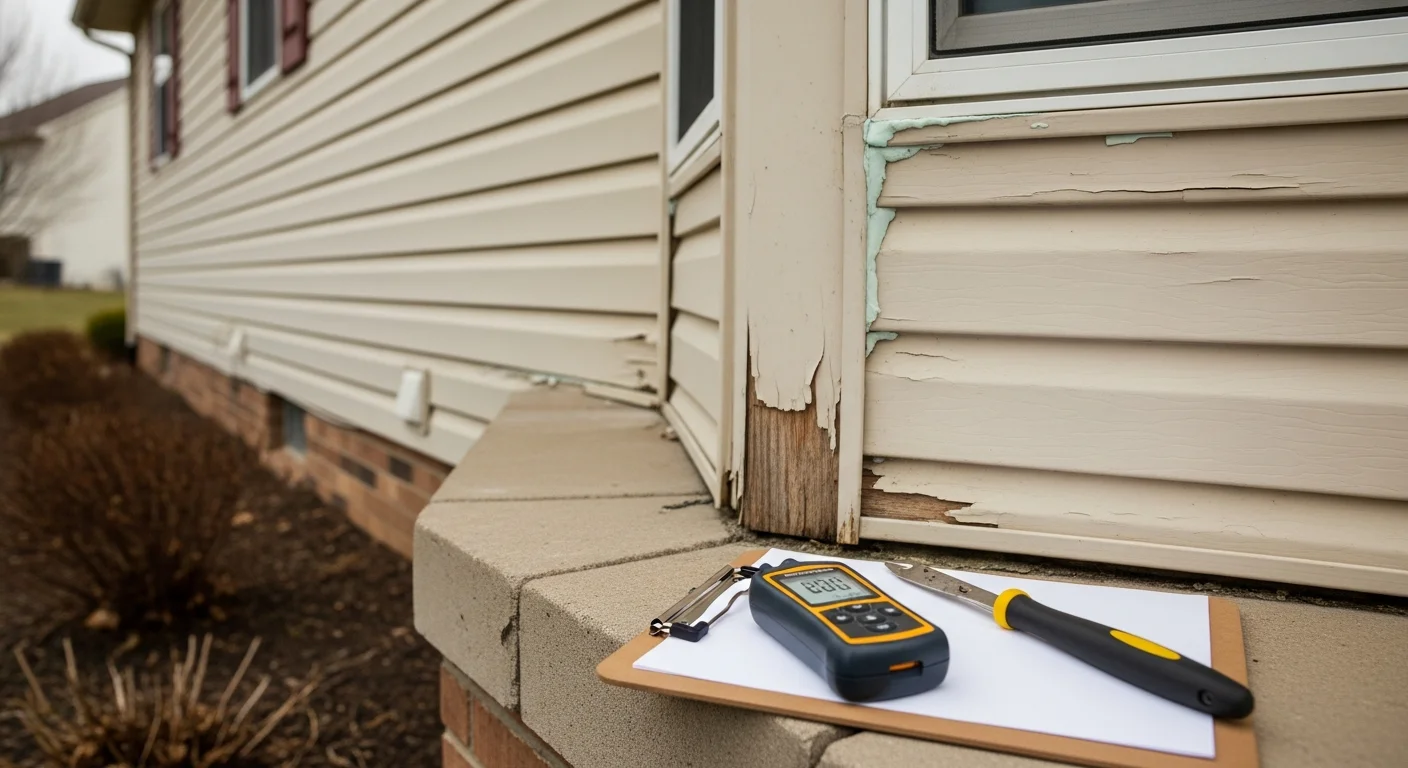 An Aburto LLC siding contractor closely examining the exterior panels and trim of a single-family home in Pickerington, Ohio. The inspector checks seams and panel edges for signs of cracking, moisture damage, and separation.