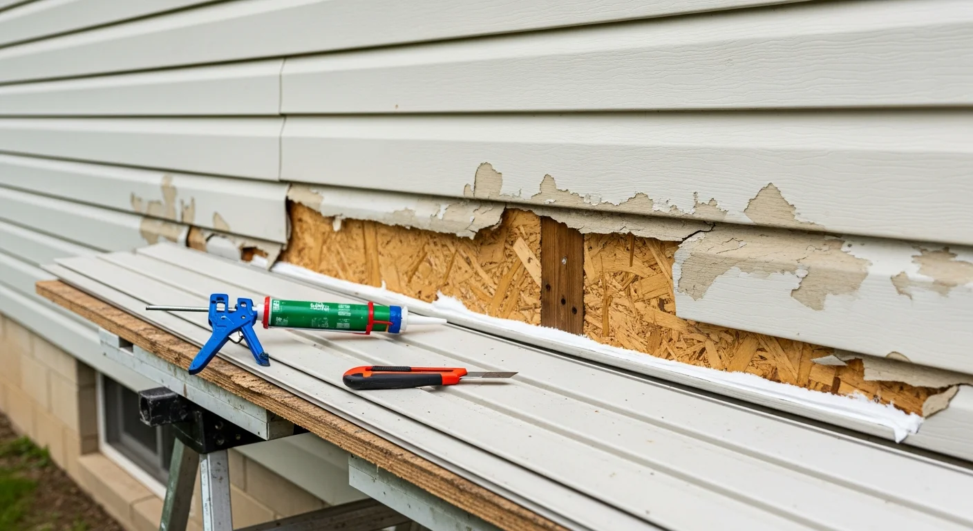 A Pickerington, Ohio single-family home exterior showing a completed siding repair on a section of damaged panels, with the repaired area blending into the surrounding undamaged siding. The home's full front elevation is visible against a clear midwestern sky.