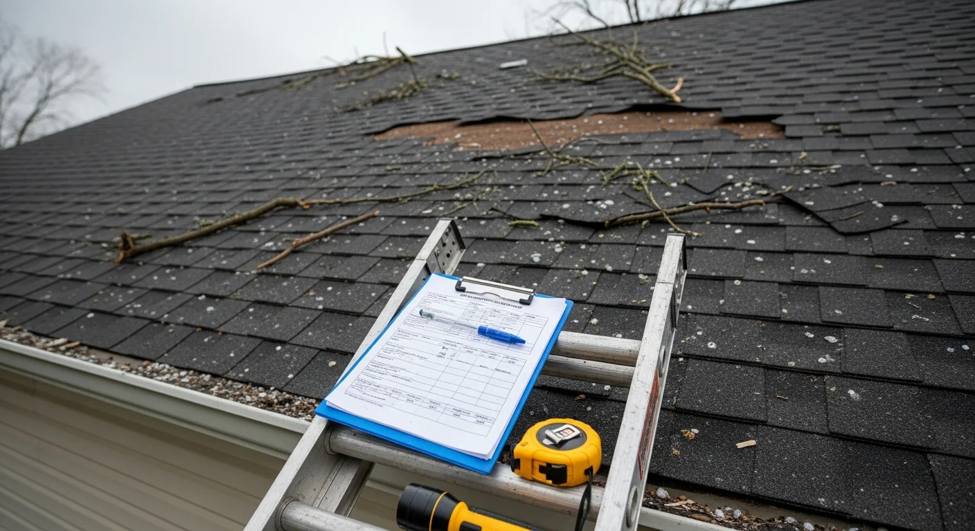 A Pickerington Ohio residential home with visible hail and wind damage to the roof and siding following a Central Ohio severe thunderstorm. An insurance claims professional reviews damage documentation on-site with the homeowner.