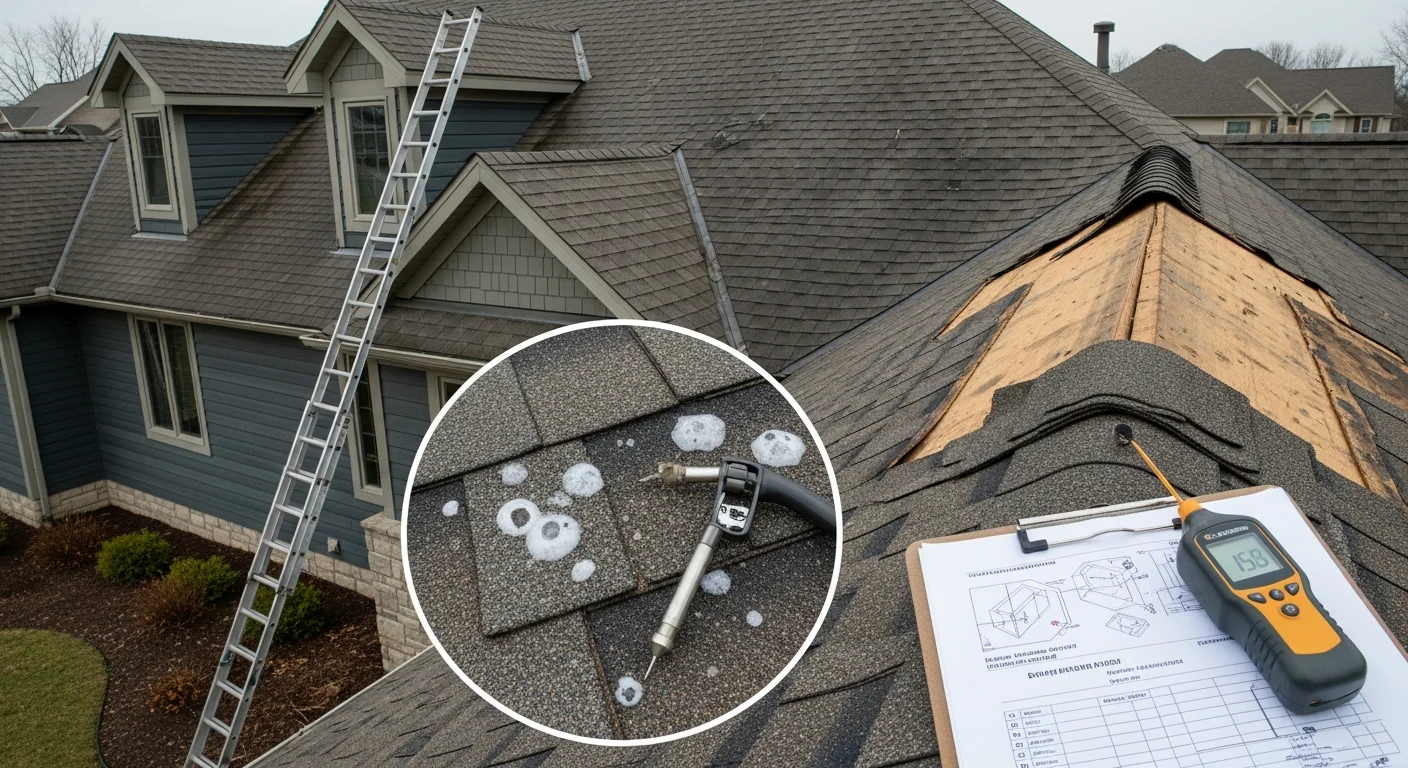 A Pickerington Ohio residential roof showing hail impact marks and missing shingles on a two-story home after a Central Ohio storm. An Aburto roofing contractor inspects the damaged shingle field and flashing near a dormer.