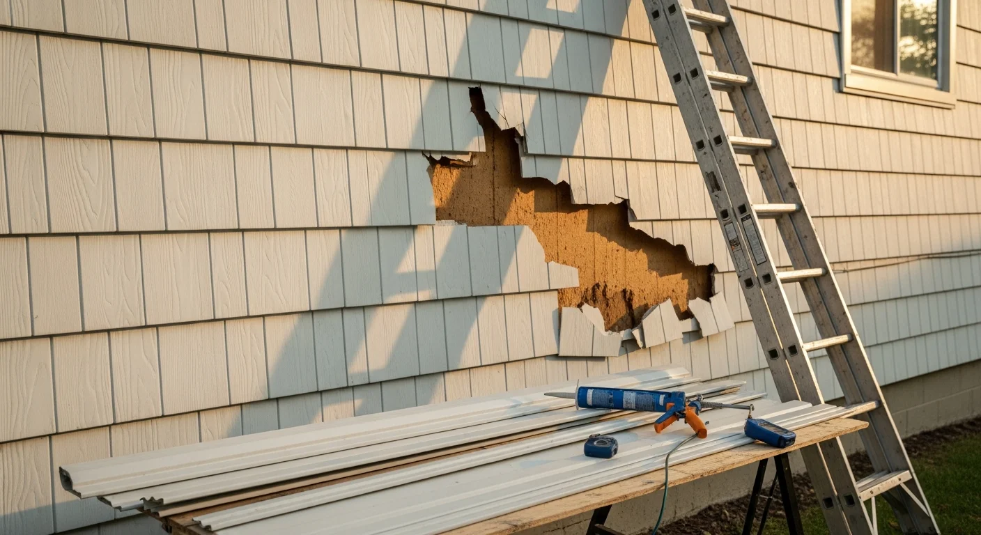 A Pickerington, Ohio single-family home with newly repaired exterior siding replacing panels cracked and loosened by storm wind and hail damage. The finished panels are flush, weather-tight, and matched to the surrounding exterior.